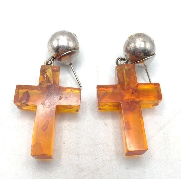 Vintage Amber Lucite Cross Silvertone Pearl Dangle Earrings Large 2" Statement - Picture 5 of 9